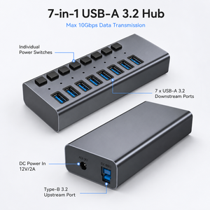 ฮับ <span class=keywords><strong>USB</strong></span> 3.2 ความเร็ว 10Gbps 7 พอร์ต แบบมีไฟในตัว ตัวแยกสัญญาณหลายพอร์ตทำจากอะลูมิเนียม พร้อมสวิตช์แยกอิสระ 7 ตัว อะแดปเตอร์จ่ายไฟ 12V 2A - Product Image 4