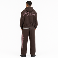 Ensemble de survêtement marron pour homme, sweat à capuche épais et oversize avec fermeture éclair, logo personnalisé, streetwear, unisexe, vente en gros