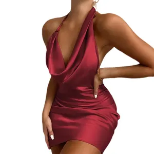 New Fashion Sexy Bodycon Party Lady Satin Silk Night Ruched Slip Fitted Sleeveless Midi Dress
