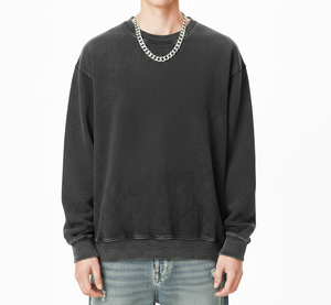 Felpa da Uomo Personalizzata OEM di Alta Qualità, 420gsm, 100% Cotone, Collo Tondo, Stile Vintage Nero, Lavaggio Acido, Pesante - Product Image 5