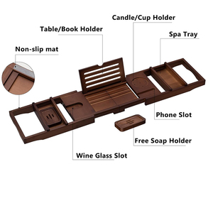 Accesorios de baño extensibles de <span class=keywords><strong>madera</strong></span>, <span class=keywords><strong>bandeja</strong></span> Caddy para <span class=keywords><strong>bañera</strong></span> de teca, <span class=keywords><strong>bandeja</strong></span> plegable para mesa de baño con soporte para libro y copa de vino - Product Image 3