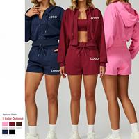 Ensemble de survêtement en coton pour femme avec logo personnalisé de haute qualité, veste zippée et short 2 pièces, coupe décontractée et ample, tenue de sport et d'extérieur