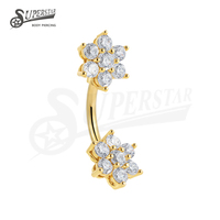 SUPERSTAR Anneau de nombril en acier inoxydable 316L hypoallergénique avec double fleur en zircon cubique, bijou de piercing corporel personnalisé