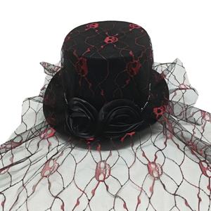 Sombrero de Copa Vintage de Bruja con Malla de Calavera y Velo, Poliéster Rojo con Rosa Negra, para Fiesta Gótica y Cosplay Unisex - Product Image 5