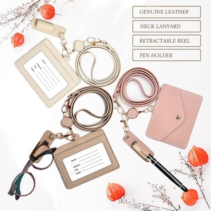 Boshiho High Quality Office Badge <b>Holder</b> Genuine Leather Credit ID <b>Card</b> <b>Holder</b> with Stretch Neck Lanyard and Pen Clip - Product Image 6