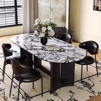 Table à manger ovale extensible de luxe italienne avec plateau en pierre et base en bois massif pour la maison, la villa, l'hôtel, la salle à manger