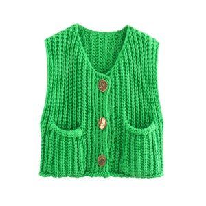 Gilet en tricot uni boutonné pour femme, col en V, sans manches, pull décontracté tendance printemps-automne - Product Image 3