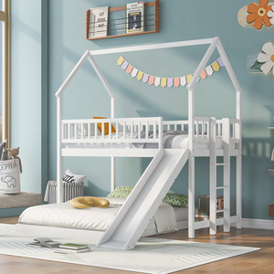 เตียงสองชั้นไม้พร้อมสไลเดอร์และบันไดสำหรับห้องนอนเด็ก สีขาว - Product Image 4