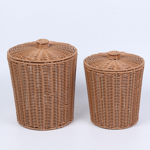 Woven Plastic <b>Storage</b> <b>Basket</b> With Lid Round 1-3L Capacity For Wardrobe Desktop Living Room Bedroom Bathroom <b>Storage</b> - Product Image 3