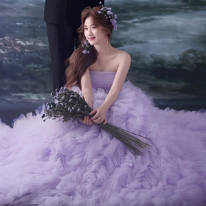 Violet Tulle Ball Gown Wedding Dress Strapless Empire Waistline For Outdoor Photography Studio - Product Image 4