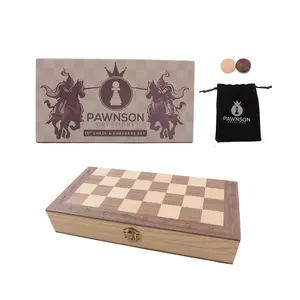 12'' Wood Battle Game Set 2 In 1 Magnetic Travel Chess And Checkers Board With Staunton Chess Pieces
