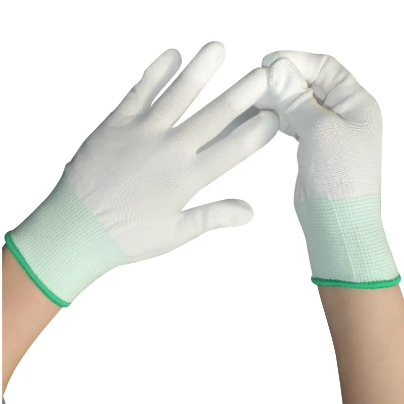 Gants en nylon à revêtement en PU de calibre 13 avec gants enduits de doigts en PU Gants tricotés antistatiques pour l'assemblage électronique