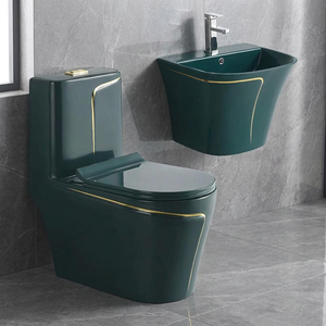 Toilette de luxe en céramique marbrée dorée pour WC, commode de salle de bain une pièce avec lavabo à main, évier, ensemble d'articles sanitaires - Product Image 5