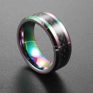 À la mode 8mm arc-en-ciel biseauté bord carbure de tungstène bague de mariage noir en <span class=keywords><strong>Fiber</strong></span> de carbone incrustation unisexe hommes femmes bijoux modèle A209 - Product Image 1
