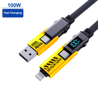 Câble de charge rapide 4 en 1 avec affichage numérique 100W, PD 27W, cordon de charge multifonction tressé en nylon pour téléphone et ordinateur portable