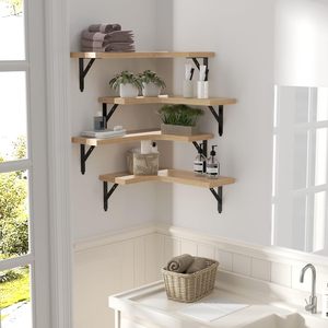 Wooden <b>Corner</b> <b>Floating</b> <b>Shelf</b> Wall Mounted Storage Rack Natural Wood Color Durable Home Kitchen Display Organizer - Product Image 4