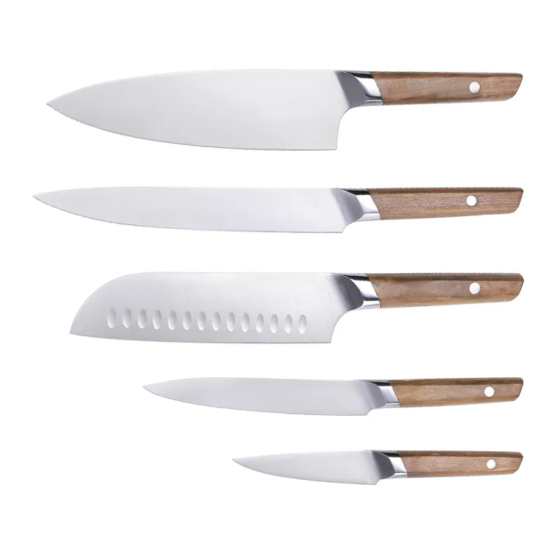 Set De Cuchillos De Cocina 5 parça profesyonel yüksek karbon paslanmaz çelik mutfak şef bıçak seti zeytin ahşap saplı