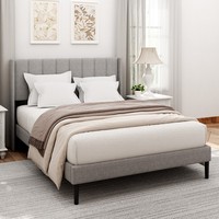 Lit moderne haut de gamme réglable en tissu lin gris avec tête de lit à oreilles, base de rangement hydraulique, sans sommier requis, idéal pour chambre d'appartement de petite taille