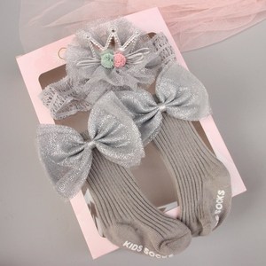 Lace Crown Floral Bow <b>Baby</b> <b>Headband</b> Sock Set Glitter Tulle Bow Ribbed Cotton Mid Calf Socks Soft Elastic Infant Hair Accessory - Product Image 4