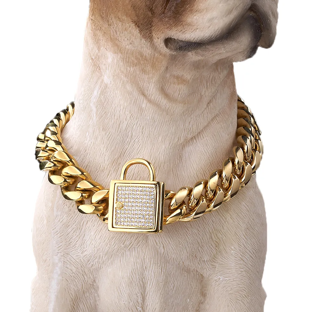 Collier de chien en acier inoxydable or, tendance 2020, collier de luxe pour chien, chaîne cubaine à maillons robuste