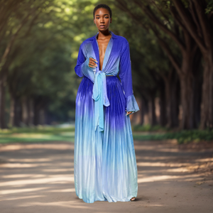 Ensemble 2 pièces pour femmes, de haute qualité, couleur dégradée automnale, manches évasées à lacets, tendance - Product Image 3