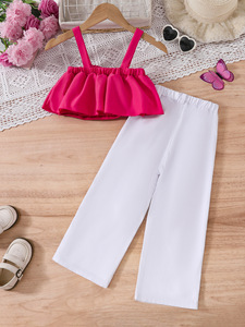 Cô Gái Mỹ Quần Áo Thiết Lập Màu Hồng Ruffle Crop Top + Bướm In Màu Trắng Quần 2 Pcs Dễ Thương Phù Hợp Với - Product Image 5