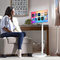 Televisor Portátil Inteligente de 21.5 Pulgadas con Pantalla Táctil, Soporte Ajustable y Ruedas, Diseño Elegante
