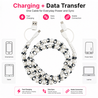 Câble de charge FASHLINK noir et blanc avec perles en forme de cœur, style coquette, 4 en 1, USB Type C, cordon tendance