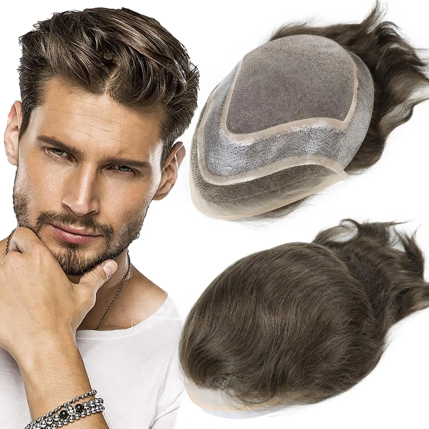 프랑스 레이스 남자를 위한 자연적인 똑바른 남성 사람의 모발 Toupee 단청 기초 PU 머리 보충 체계 Toupee 머리