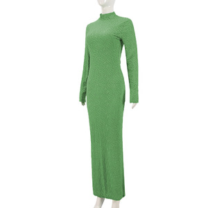 Robes longues pour femmes à col rond et manches longues, en tissu floqué, coupe ajustée, tendance - Product Image 6