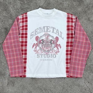 Camisetas de Manga Larga para Hombre 100% Algodón, con Lavado Ácido, Diseño Vintage, Estampadas, Oversize, con Empalmes a Cuadros Personalizados - Product Image 1