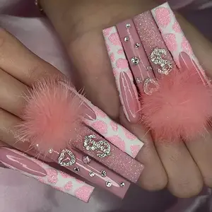 Pink fur Ball Diamond Ballerina Long Press On False Nails Patch a forma di cuore unghie finte set indossabile Full Cover Art Tips designs