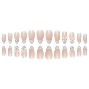 <span class=keywords><strong>Uñas</strong></span> Postizas Blancas con Perla Francesa, Lazo Blanco, <span class=keywords><strong>Color</strong></span> <span class=keywords><strong>Carne</strong></span>, Puntiagudas, Nude, Cobertura Completa, <span class=keywords><strong>Uñas</strong></span> a Presión, Forma de Almendra con Mariposa, 24 Piezas - Product Image 4