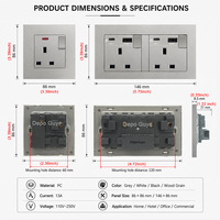 Enchufe de Pared Industrial Gris UK 13A con USB Tipo C de Carga Rápida de 18W, Enchufe Universal de 4 Tomas, Panel de Interruptores de Luz para PC