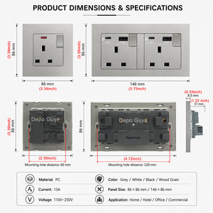 Presa a Muro Industriale Grigia UK 13A con USB Tipo C 18W Ricarica Rapida, Spina Universale, Pannello a 4 Gang per Interruttore Elettrico PC e Presa di Corrente - Product Image 6