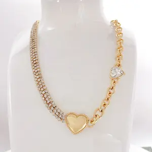 Jewelry manufacturers wholesale alloy gold plated tennis diamond chains with heart pendant necklace for women