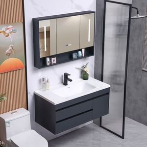 Modern Luxury Black Wall Mounted Bathroom Vanity With Smart Mirror Ceramic Basin 60 In MDF Contemporary Design - Product Image 6