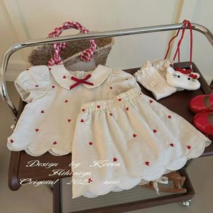 Girls Embroidered Heart Two Piece Set Cotton Dress With Peter Pan Collar Summer Outfit For Kids - Product Image 3