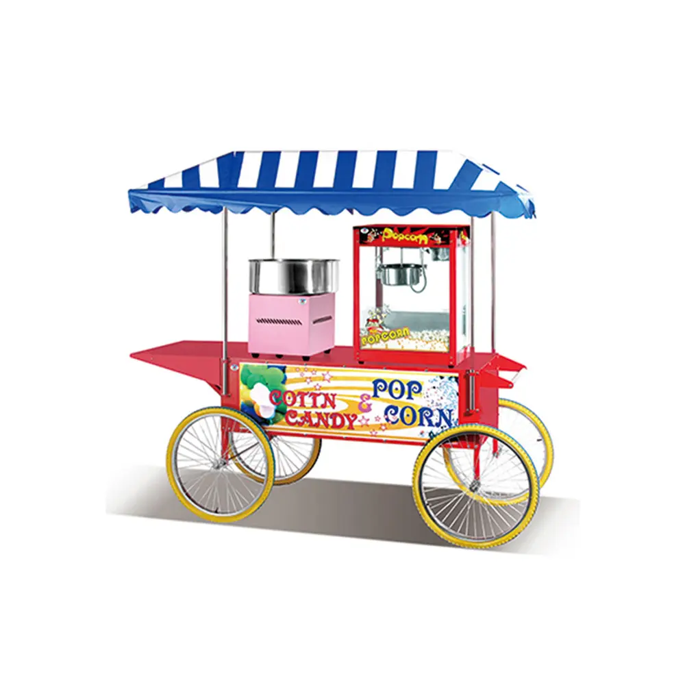 मोबाइल स्त्री भोजन ट्रॉली कपास कैंडी सोता पॉपकॉर्न निर्माता मशीन नाश्ता के लिए फास्ट फूड गाड़ी