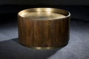 Round Fluted Wood Coffee <b>Table</b> with Brass <b>Tray</b> Top Metal Base Midcentury Modern Living Room Furniture - Product Image 6