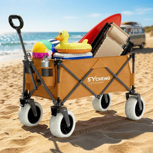 Heavy Duty Outdoor <b>Foldable</b> Camping Wagon PU Foam Filled Wheel Brown Folding Beach <b>Cart</b> for Sand Use - Product Image 1