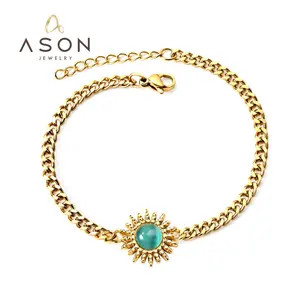 Ason alla moda in acciaio inox placcato oro 18k catena cubana chunky bracciale da donna gioielli di cristallo sole perlina braccialetto per le signore