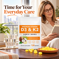 Acentiallabs OEM ODM Capsules personnalisées de Vitamine D3 K2 10000UI 200mcg à l'huile de coco, antioxydant, pour la santé cardiaque, le soutien immunitaire et osseux, 120 gélules