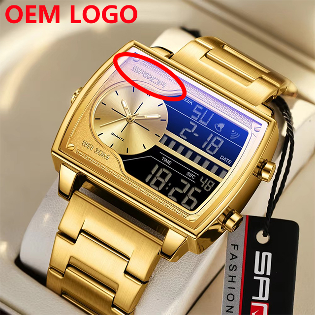 OEM LOGO Sanda 6163 Luxury Fashion Stainless Steel Leather Silicone Square Men Watch Digital LED Electronic Chronograph Watches