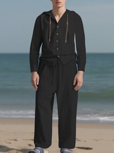 Completo da <span class=keywords><strong>uomo</strong></span> europeo <span class=keywords><strong>e</strong></span> americano in tinta unita, composto da <span class=keywords><strong>camicia</strong></span> casual a maniche lunghe con cappuccio <span class=keywords><strong>e</strong></span> coulisse <span class=keywords><strong>e</strong></span> <span class=keywords><strong>pantaloni</strong></span> larghi in cotone <span class=keywords><strong>e</strong></span> <span class=keywords><strong>lino</strong></span>. - Product Image 4