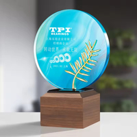 Trophée de plaque en cristal circulaire avec impression couleur HBL, trophée en bois avec sublimation, plaques de trophée en bois avec base en bois