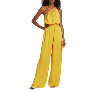 Bán Buôn Mùa Hè Không Tay Không Đối Xứng Cổ Thường Romper Rắn Màu Vàng Một Vai Rộng Chân Jumpsuit