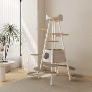 Bestseller Klassischer Luxuriöser Moderner Großer Gummibaumholz Umweltfreundlicher Katzenbaum mit Eisenrahmen für Wohnungskatzen 4-Stufiges Langlebiges Design - Product Image 6