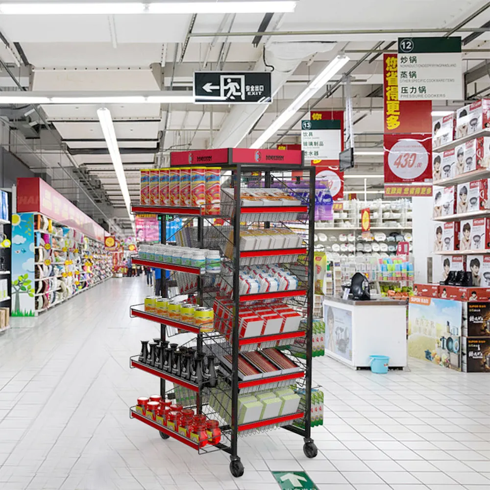 Süpermarket perakende mağaza rafları için stoklanan aperatif şeker içecek için siyah Metal zemin ayakta sepet ekran standı