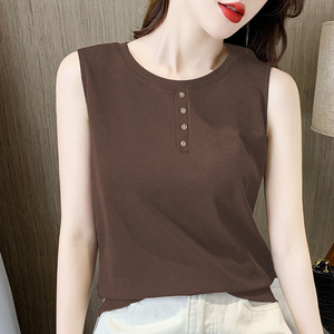 Women Sleeveless Vest White Solid Color Buttons Micro Elasticity Summer Casual Wear Base Layer Top - Product Image 2